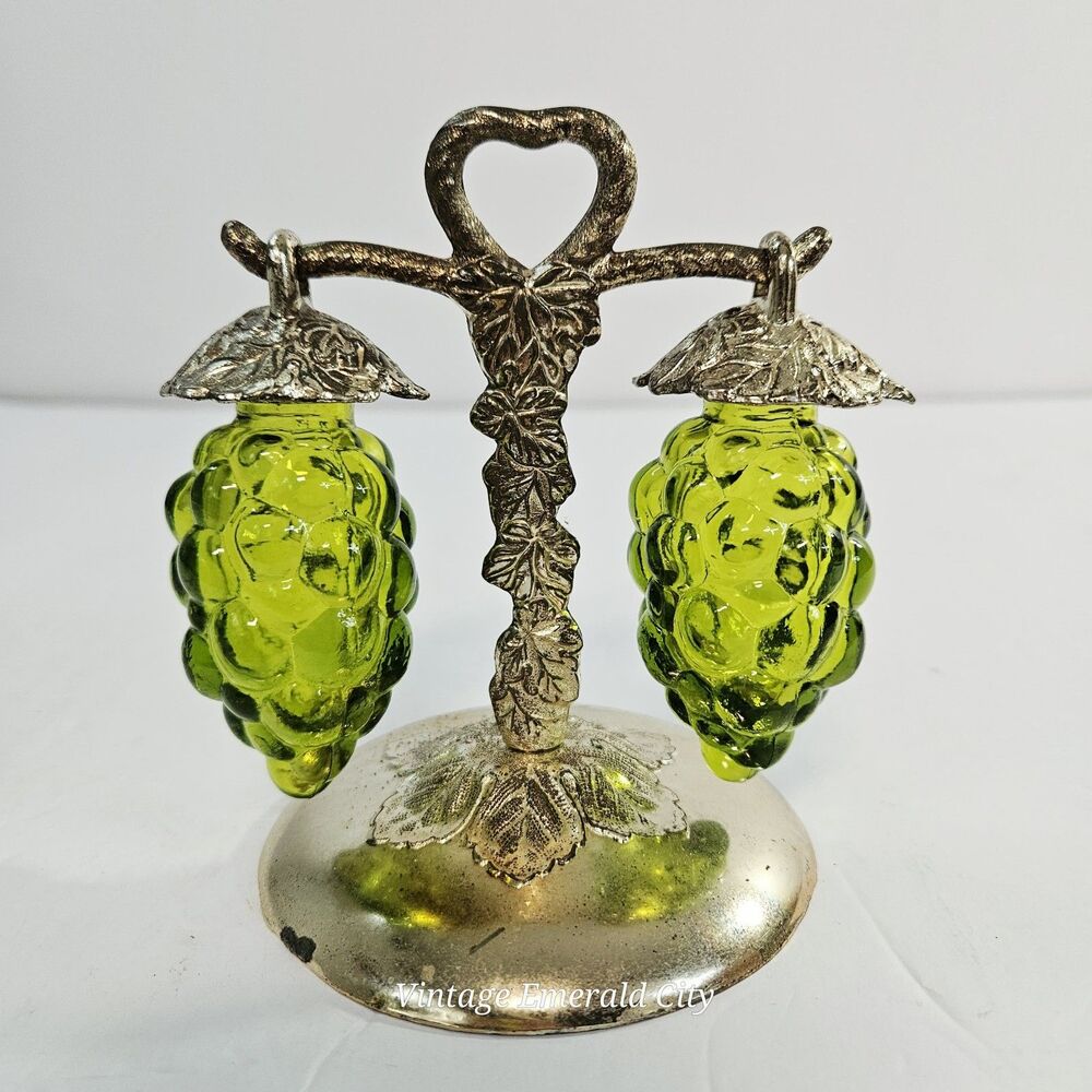 MCM Vintage 1960s Green Glass Hanging Grape Salt & Pepper Shakers w/ Metal Stand